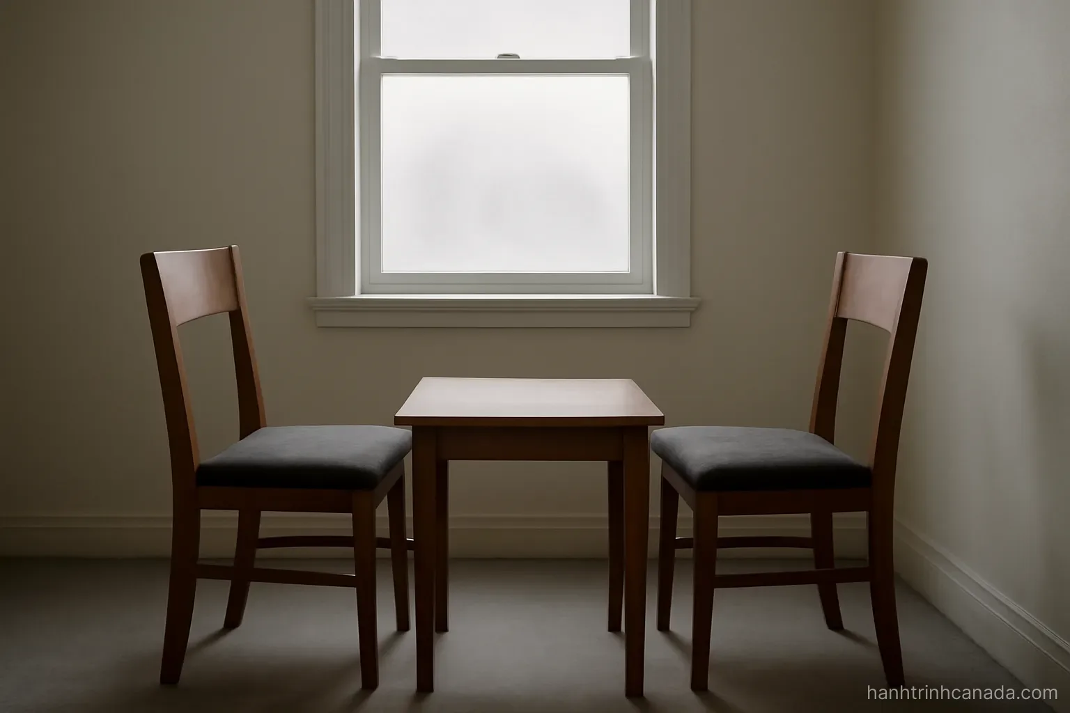 two chairs facing each other across a small table in a plain room with a window behind