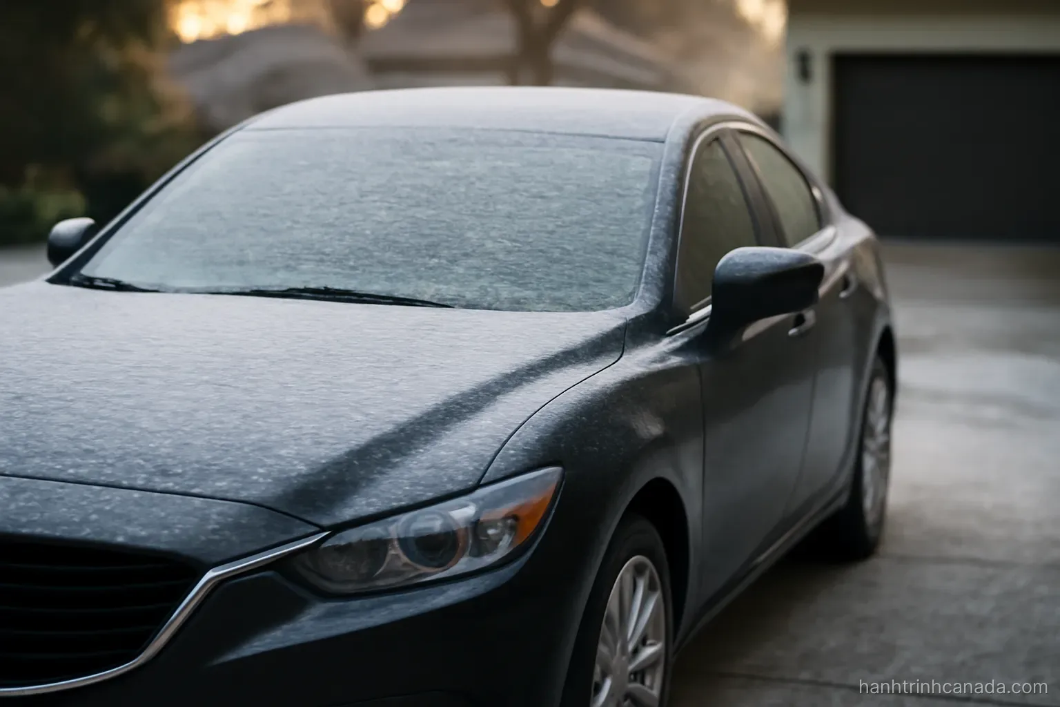 a car parked on a driveway with a light dusting of snow on the windshield in early morning