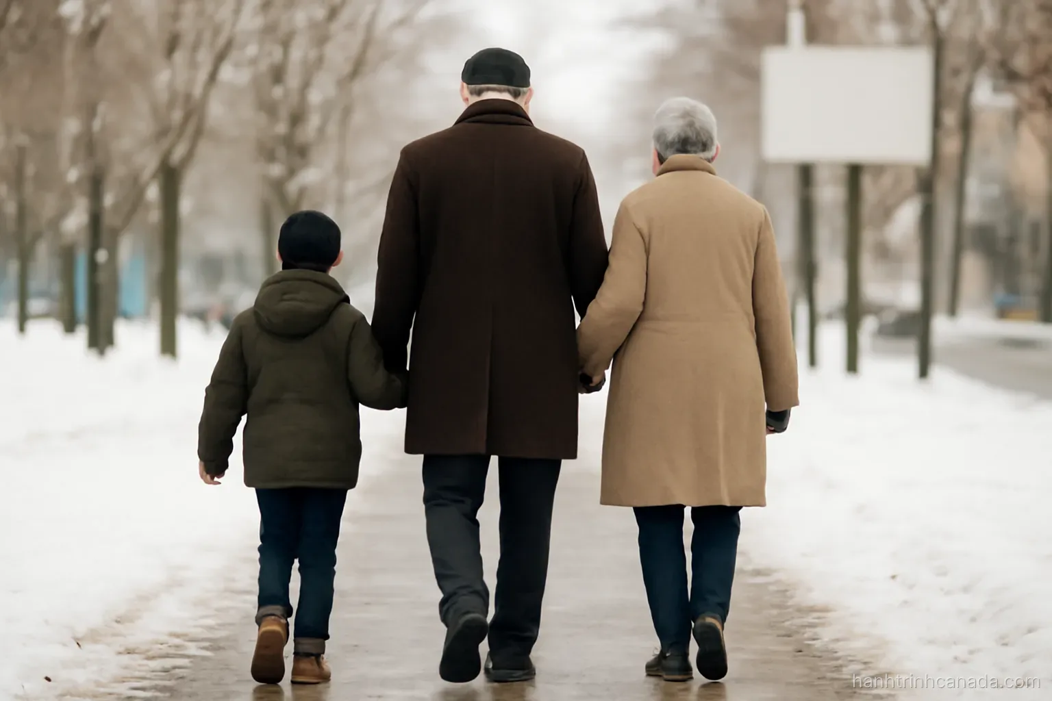 three generations walking together on a snowy sidewalk, seen from behind at a distance