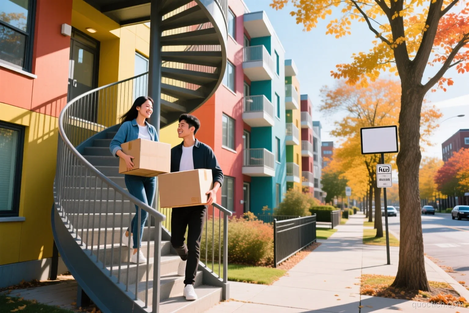 Young Vietnamese couple carrying moving boxes up the outdoor spiral staircase of a colourful Montreal plex apartment, tree-lined street, medium wide shot, sunny autumn morning