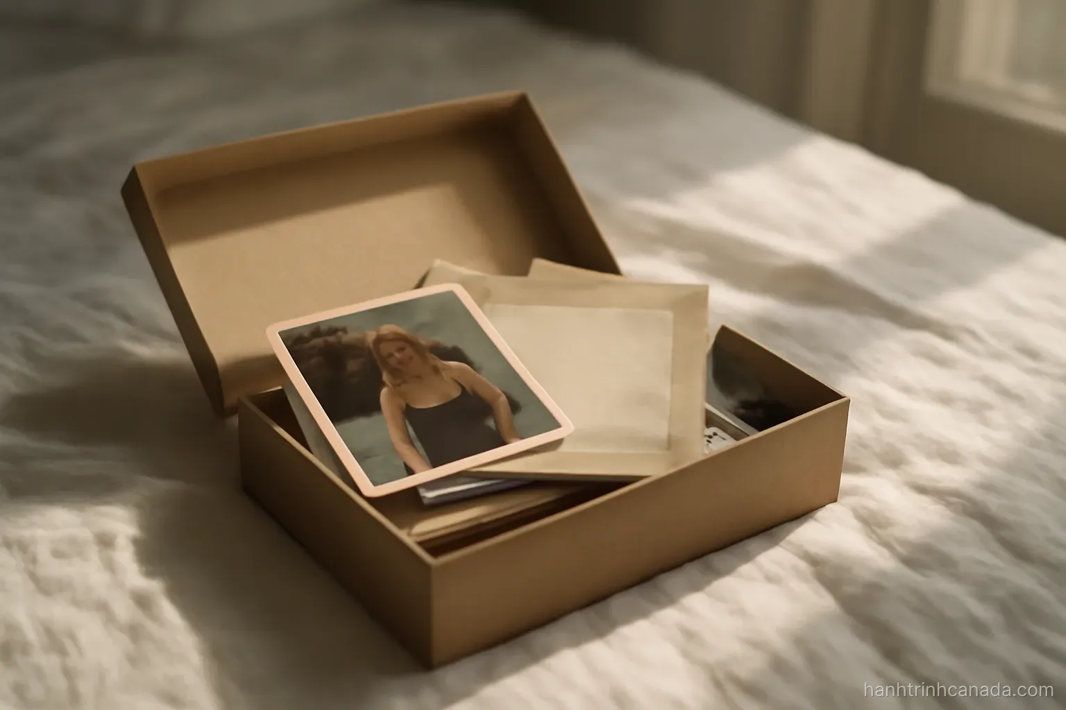 a shoebox of printed photographs and letters opened on a bed, sunlight from a side window