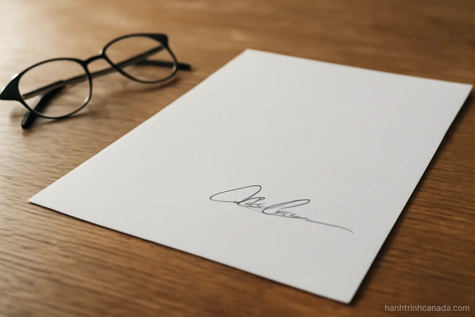 a signed document lying face down on a wooden desk beside a pair of reading glasses