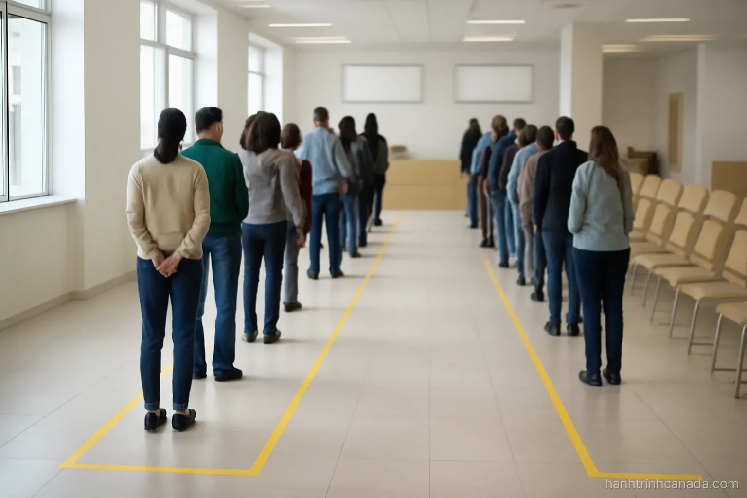 two queues of different lengths marked by floor tape in a large bright waiting hall