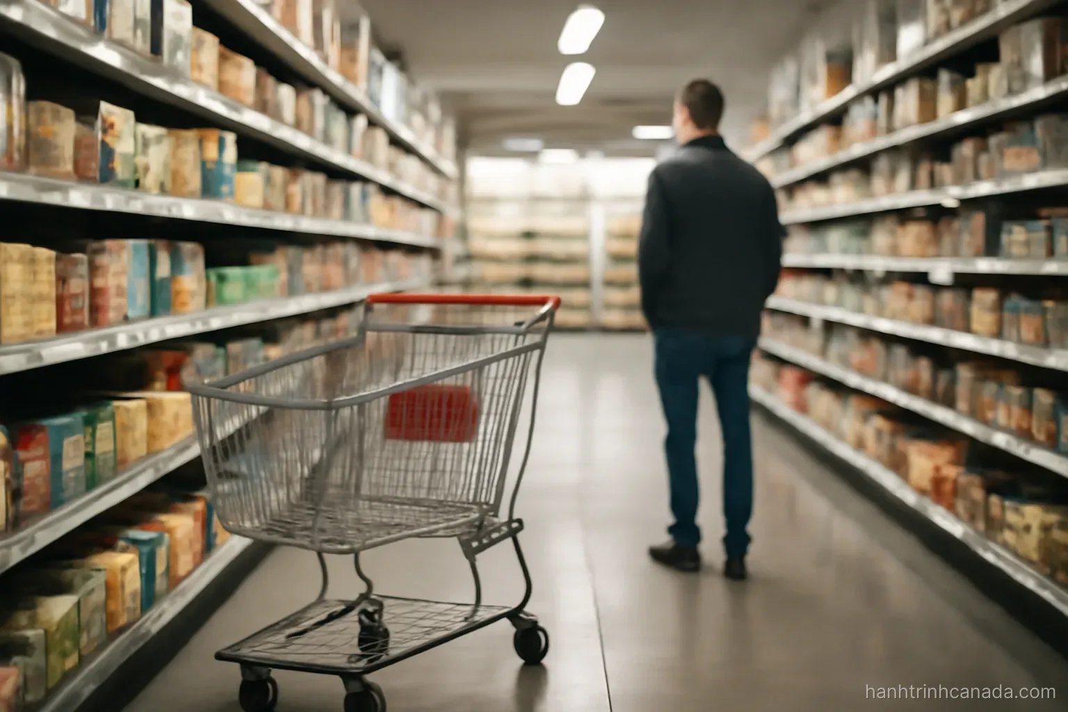 a grocery cart parked beside a shelf in a wide supermarket aisle with a person looking away
