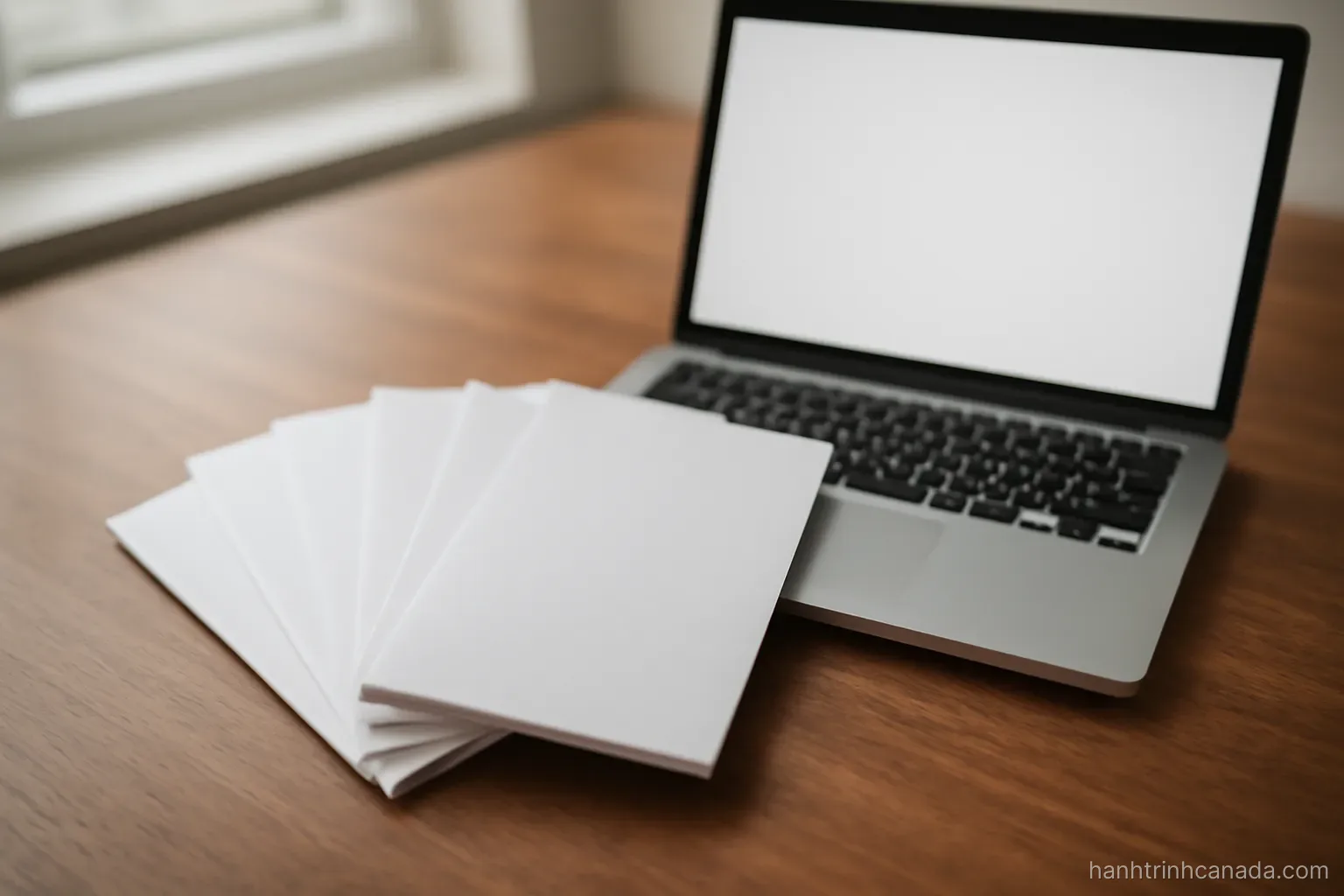 a stack of program brochures fanned out on a table next to a laptop showing a blank screen