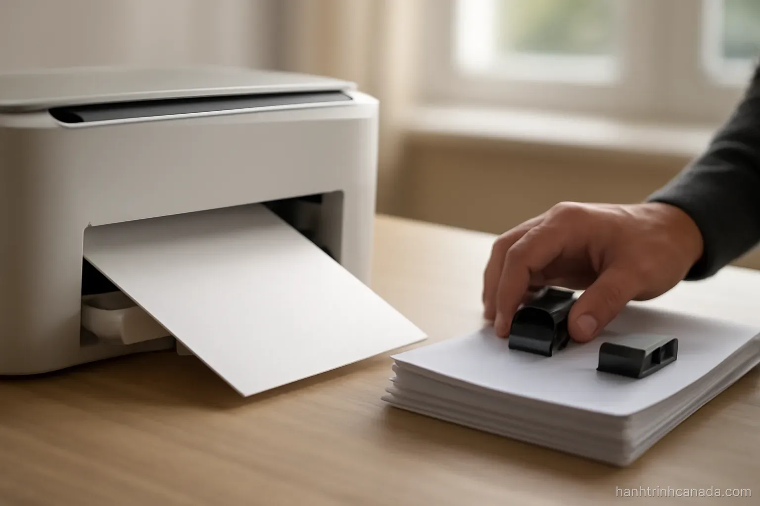 a printer feeding out a document while a hand waits beside a stack of stamped papers