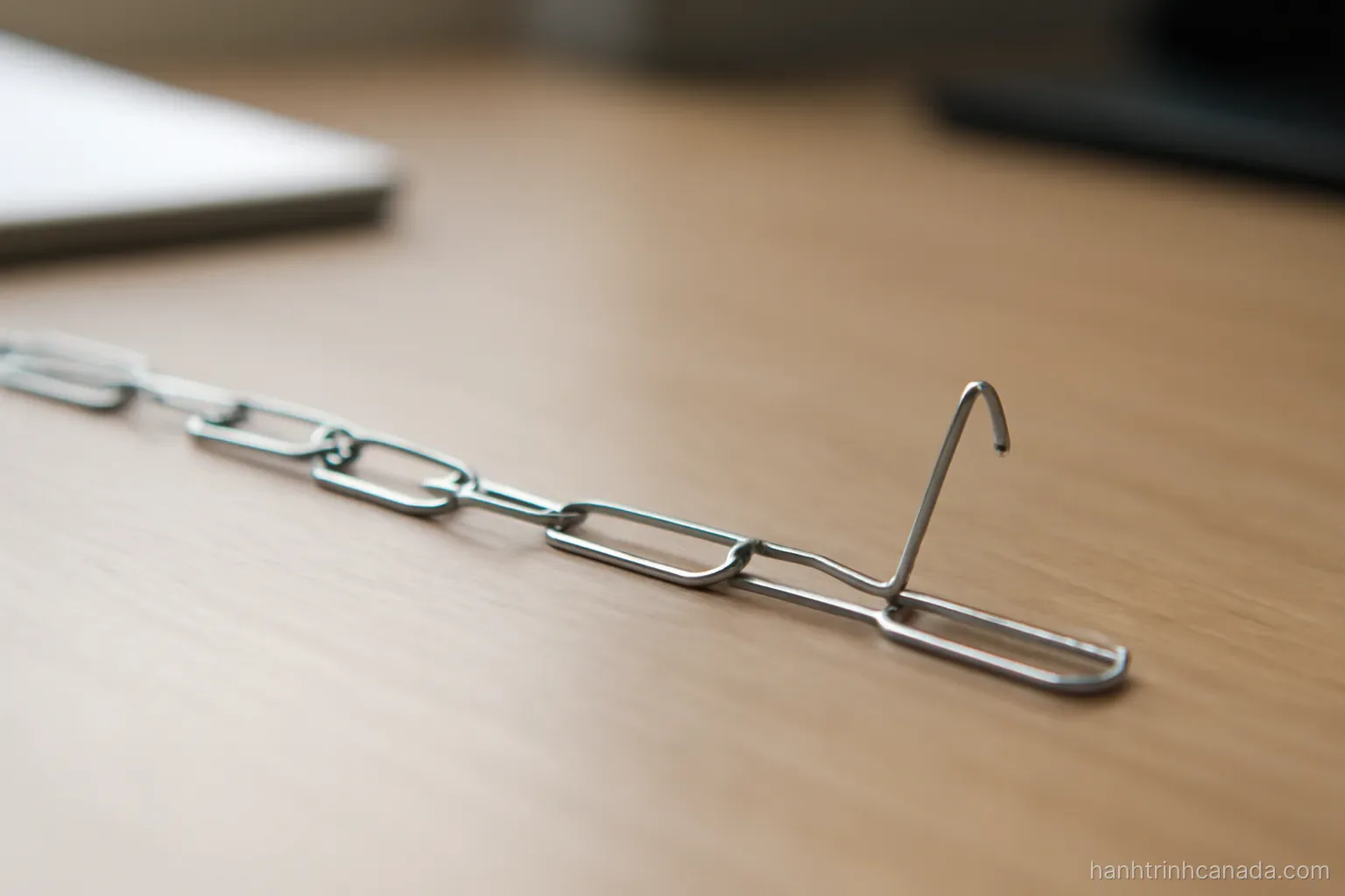 a chain of paper clips linked together lying across a desk with one clip slightly bent open