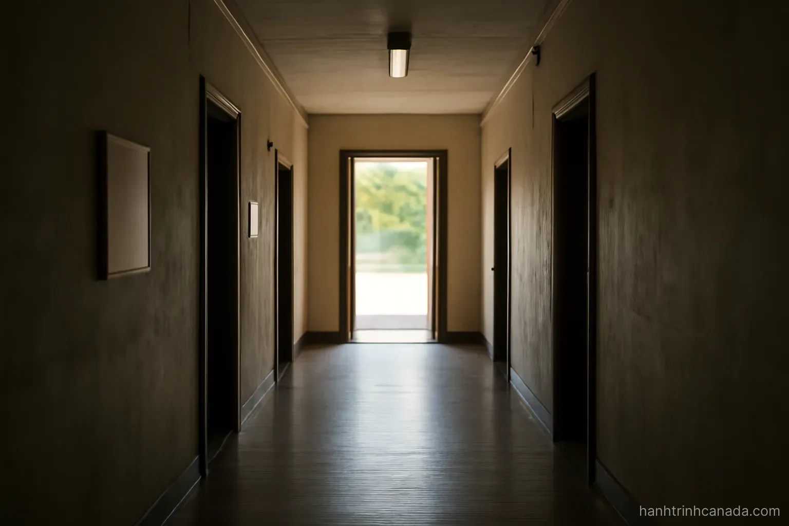 an open doorway at the end of a long corridor with daylight coming through it