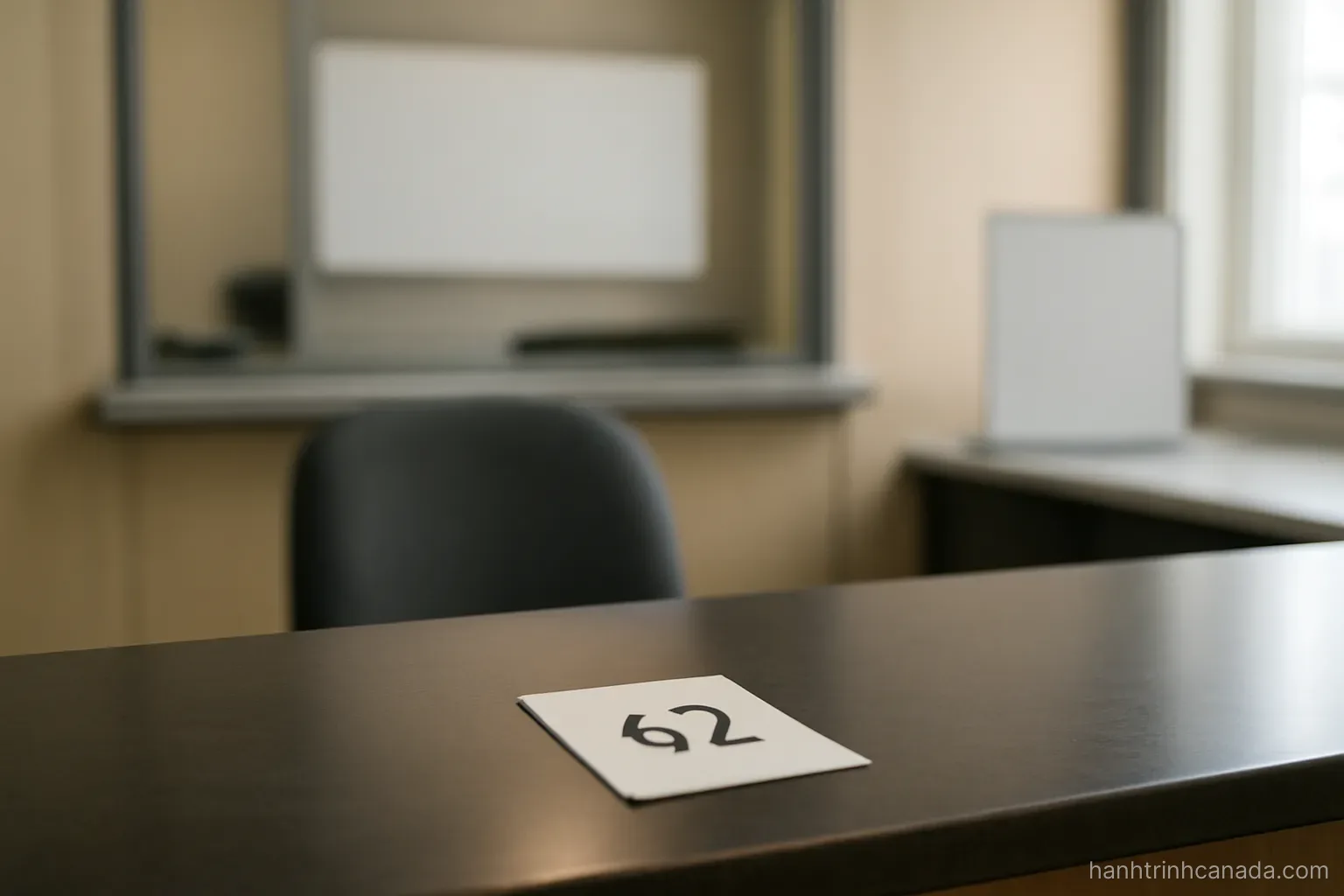 a counter at a service office with a numbered ticket lying on it and an empty stool behind