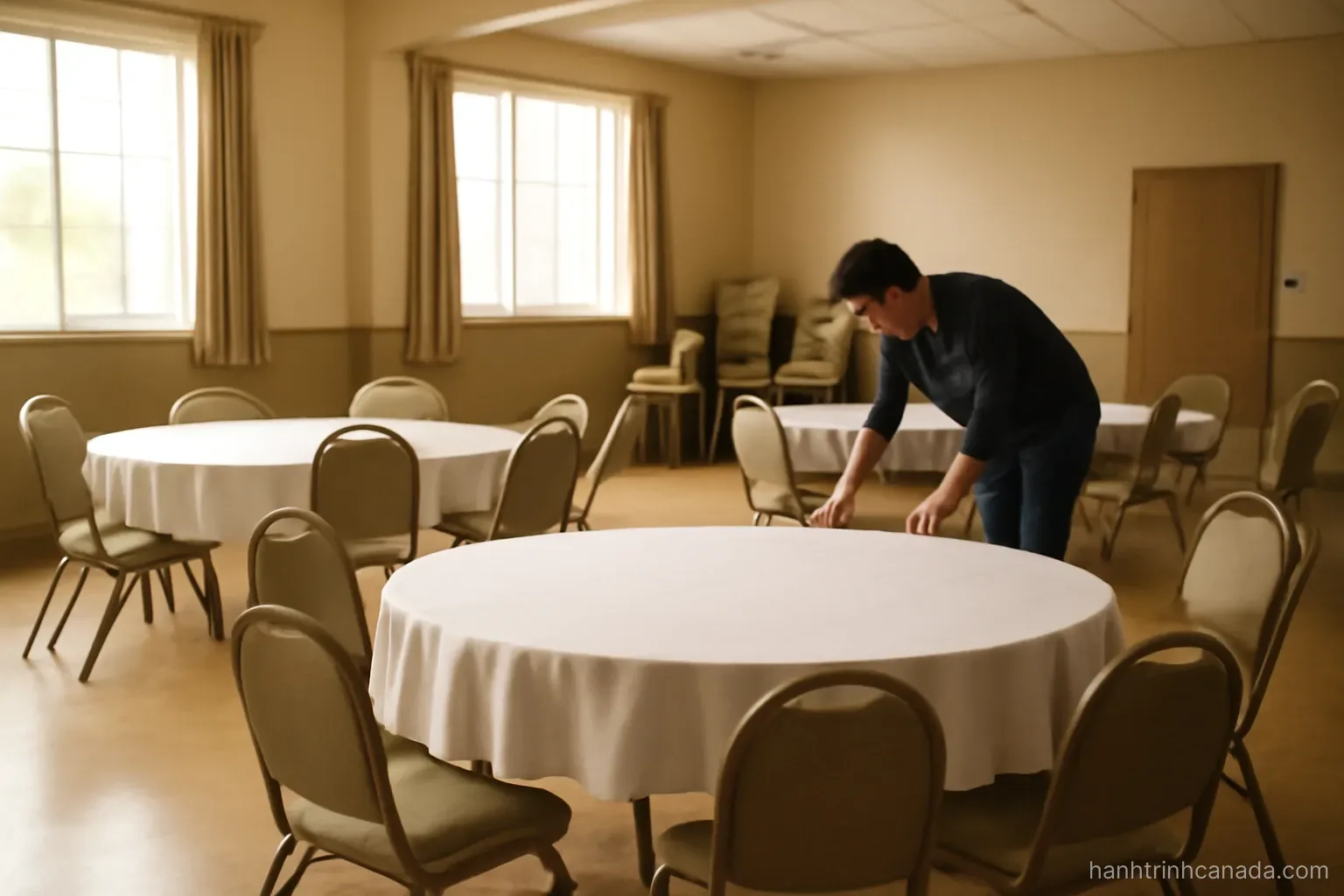 a community hall with round tables and stacked chairs, someone setting up in the background