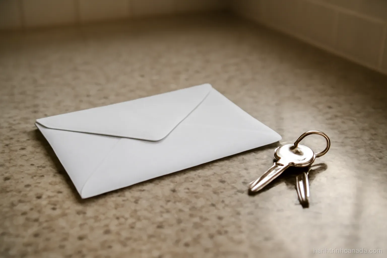 an envelope resting unopened on a kitchen counter beside a set of house keys