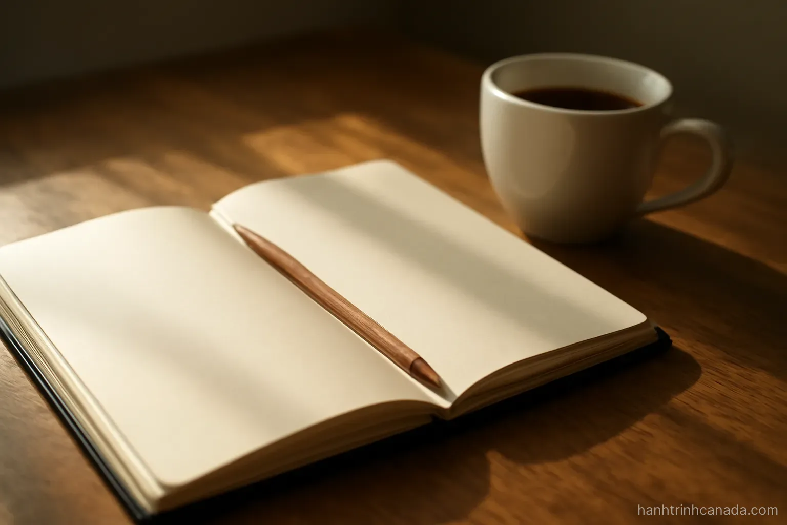 an open notebook beside a coffee cup with a pencil resting in the fold, morning light across the page