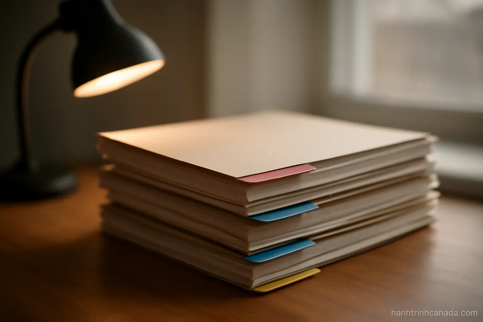 four folders stacked on a desk with colored tabs, a lamp casting light from the left