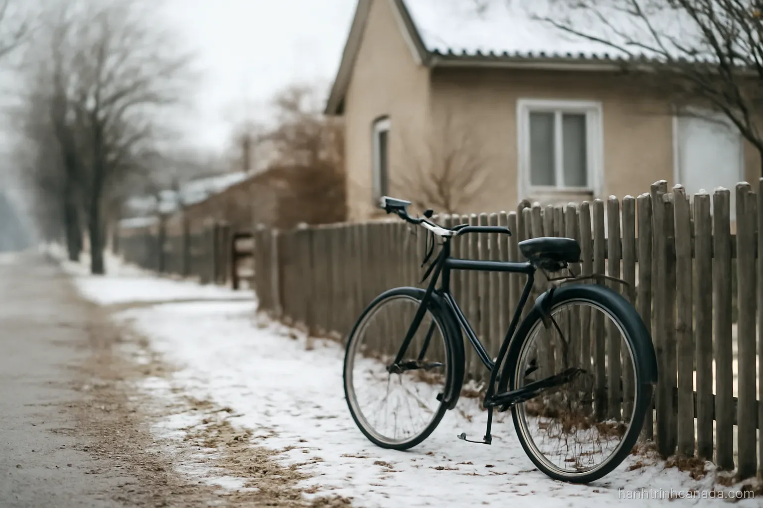 a bicycle leaning against a fence outside a modest house on a quiet residential street in winter