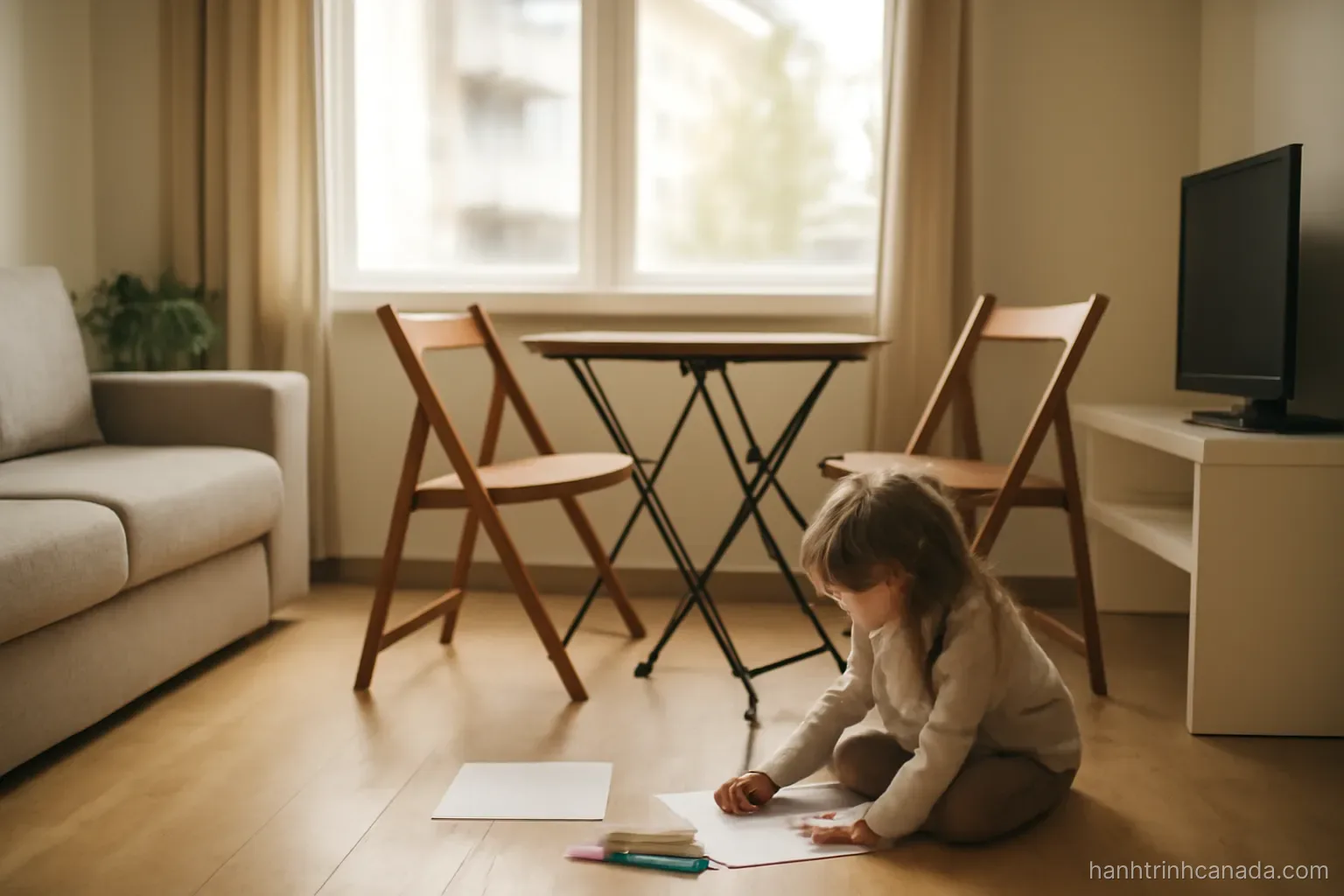 a small apartment living room with a folding table, two chairs and a child drawing on the floor