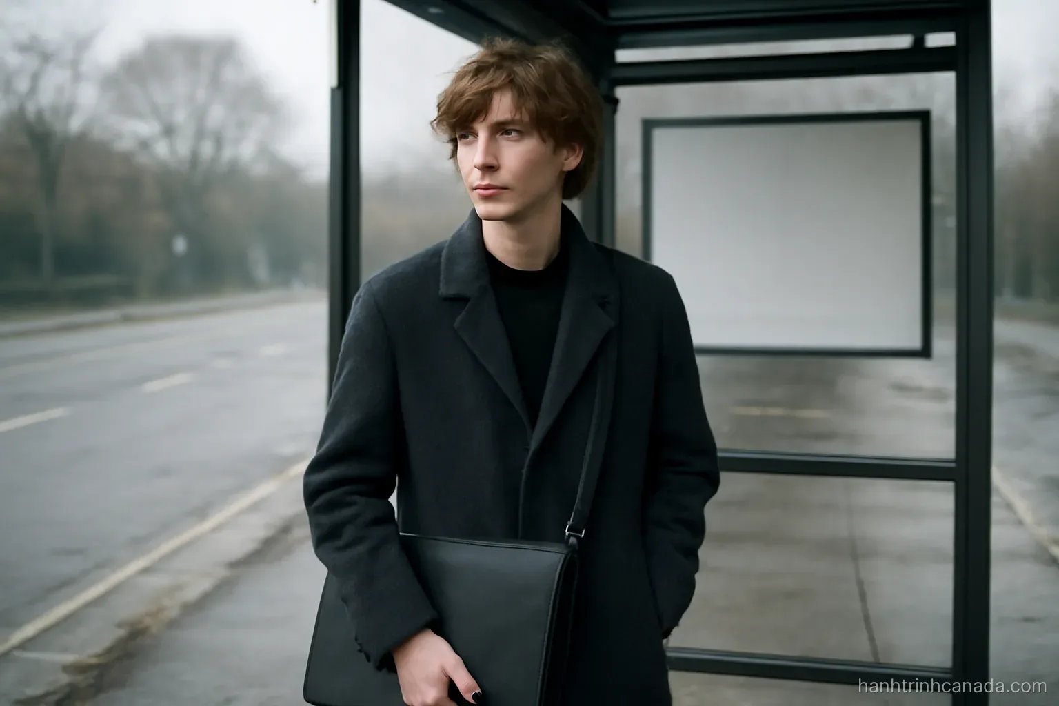a young person in a coat waiting at a bus stop on a grey morning with a portfolio bag