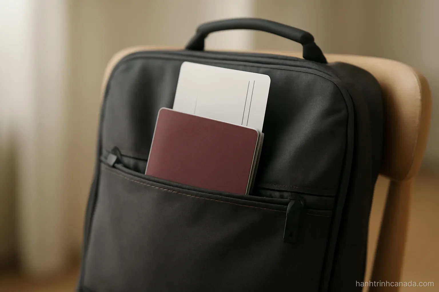 a passport and a boarding pass tucked into the pocket of a travel bag on a chair