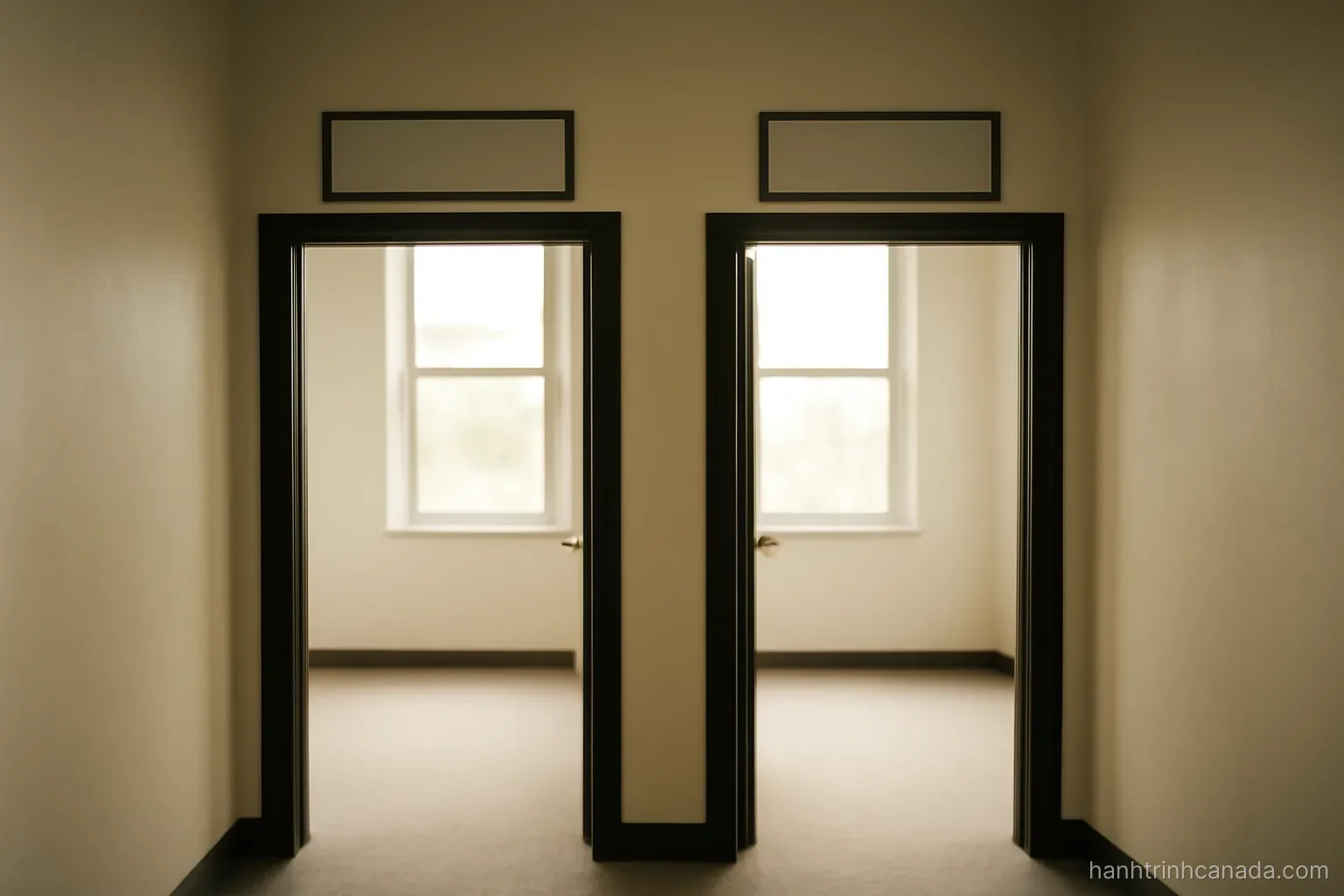 a corridor splitting into two doorways with different signage above each, seen from behind