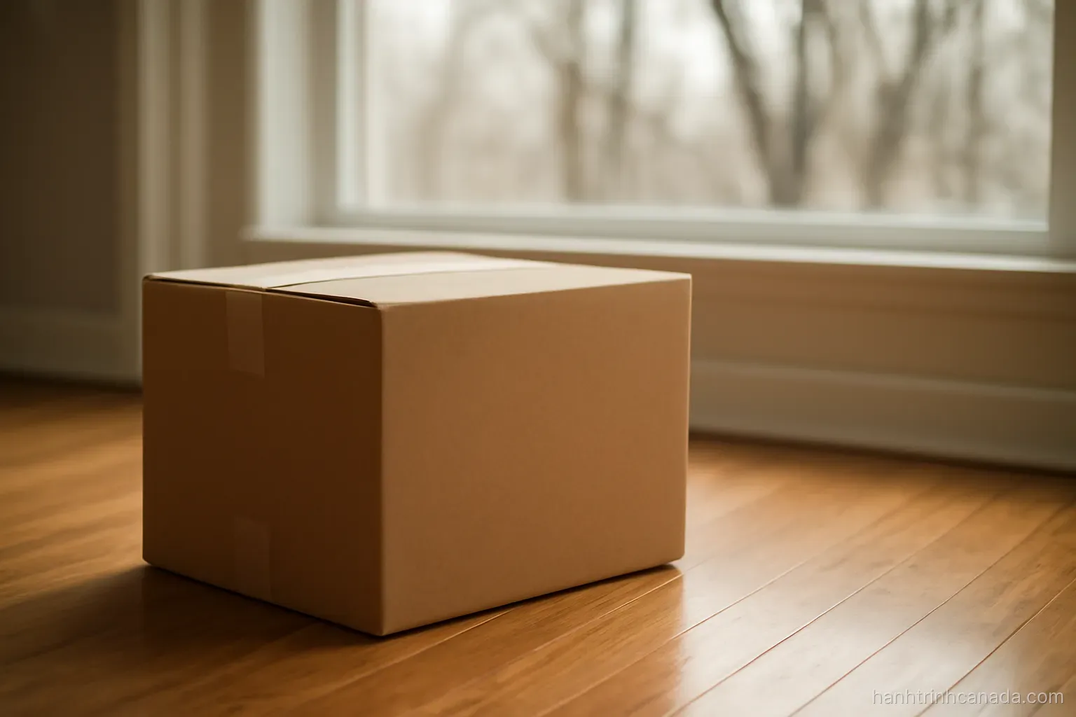 a moving box taped shut on a hardwood floor next to a window showing bare trees