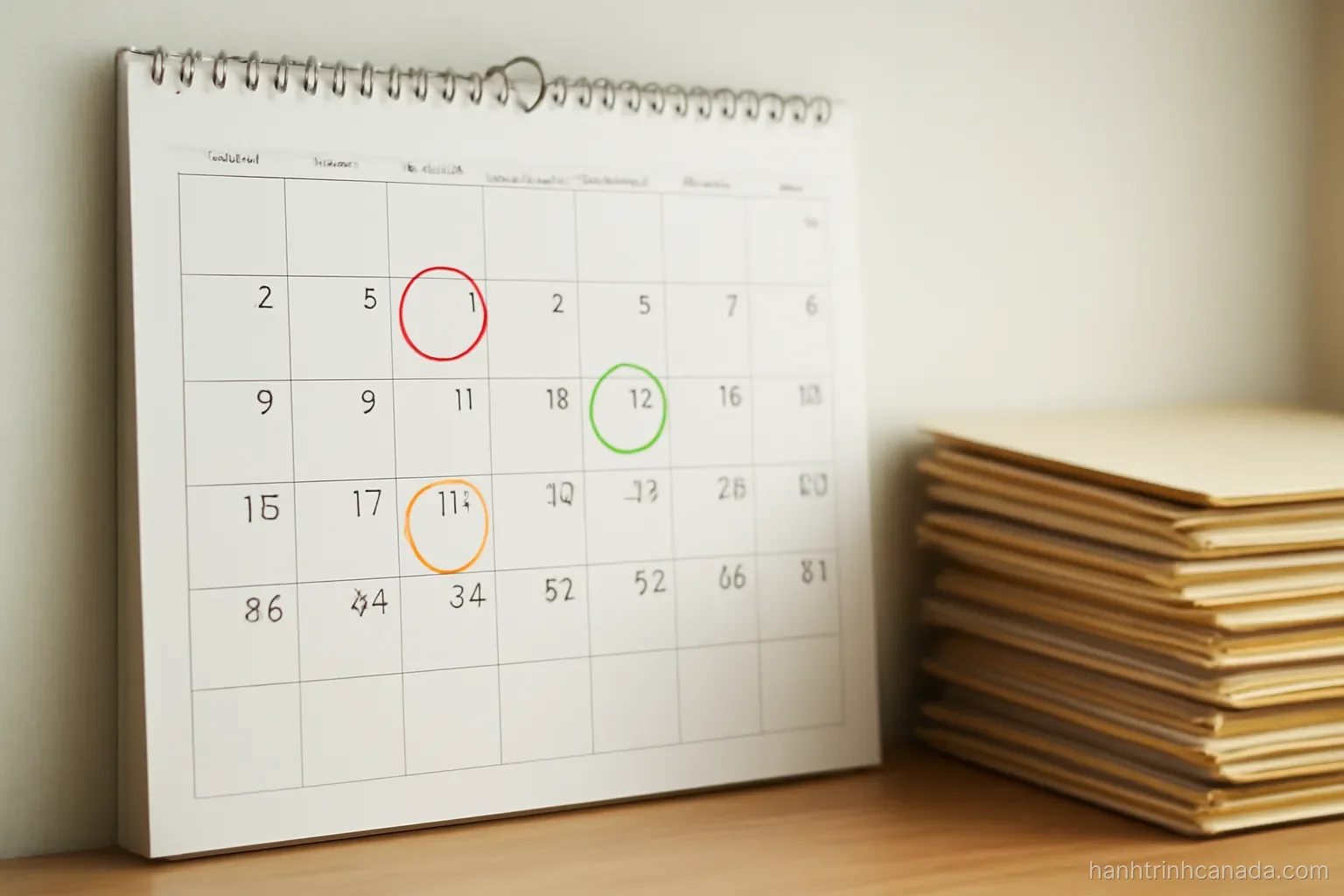 a wall calendar with several dates circled in different colors beside a stack of paper folders