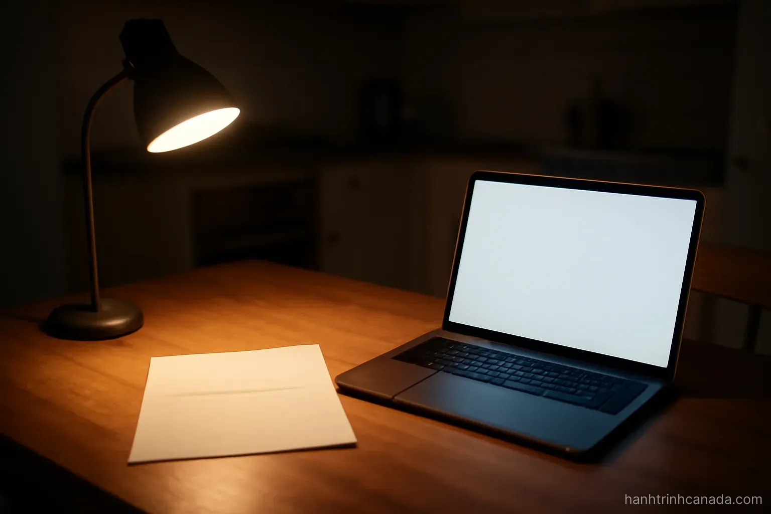 a letter and a laptop on a kitchen table at night with a single lamp lit above