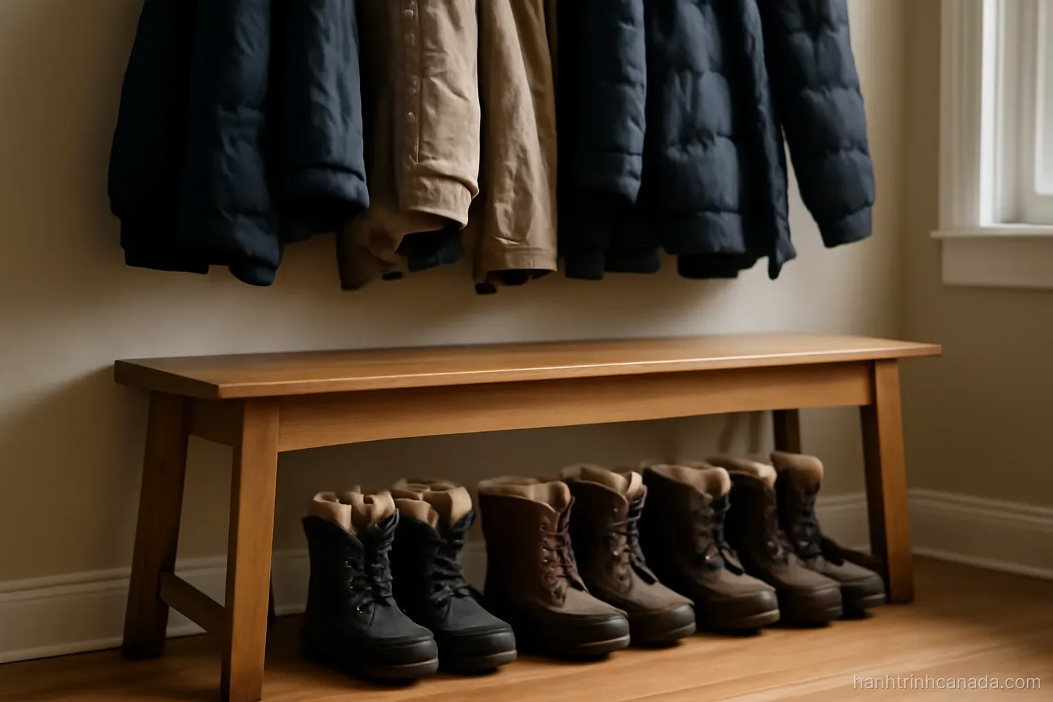 a hallway bench with winter boots lined beneath it and heavy coats hanging above