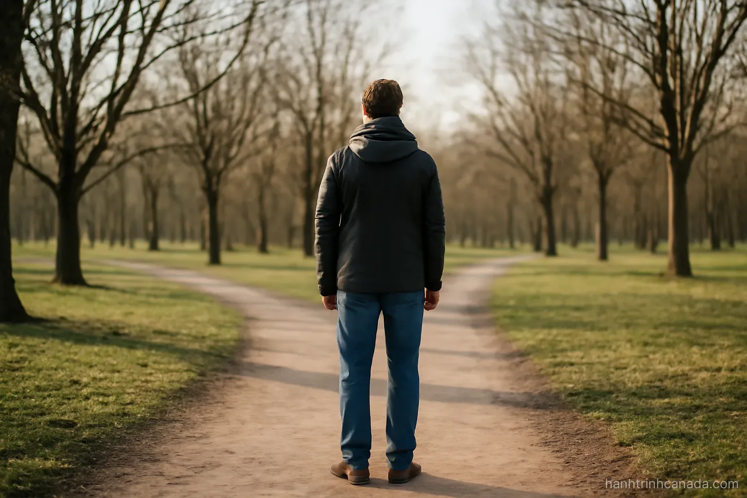 a person standing at a crossroads of paths in an open park with bare trees in early spring