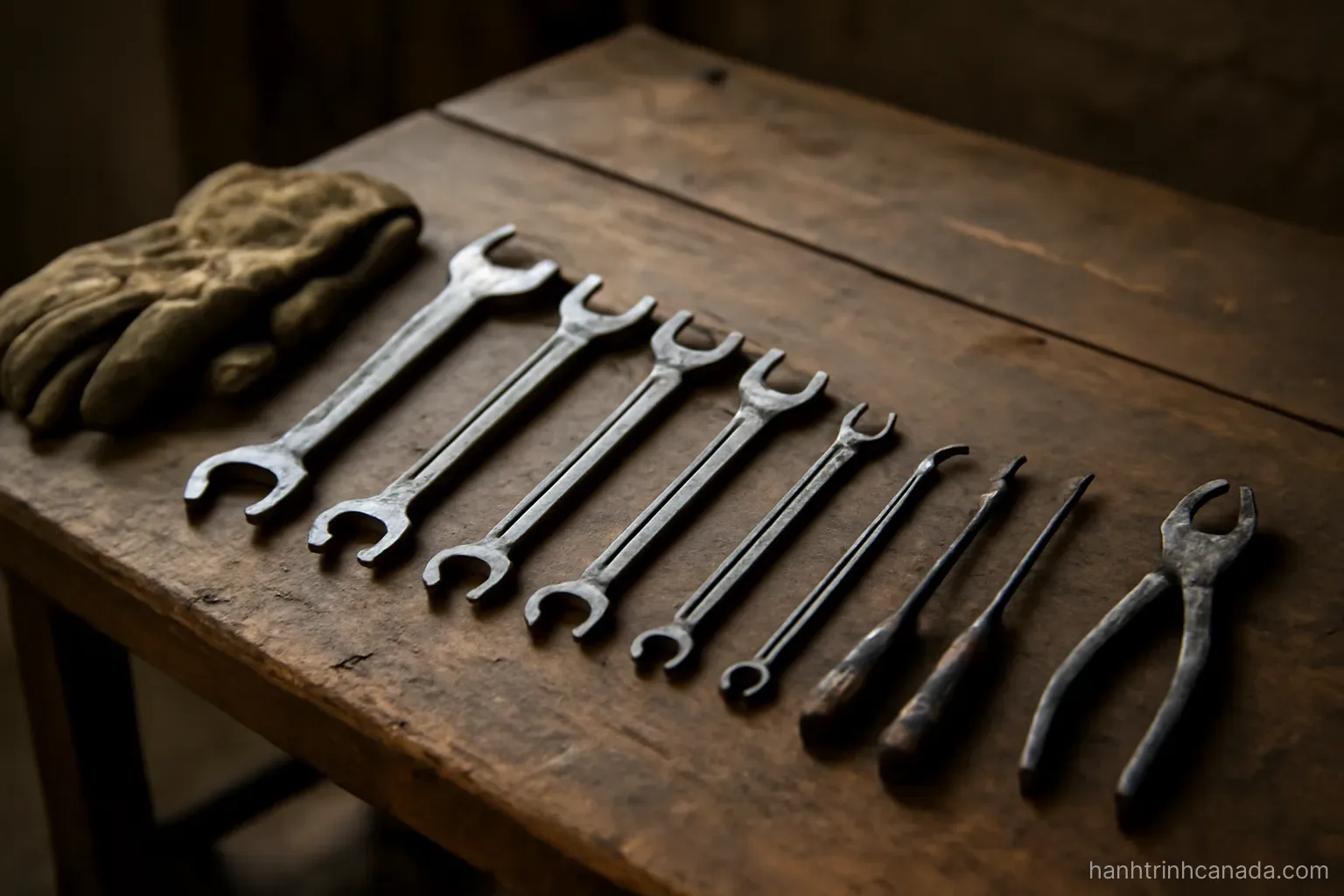 a worn workbench with tools arranged by size and a pair of gloves folded at one end