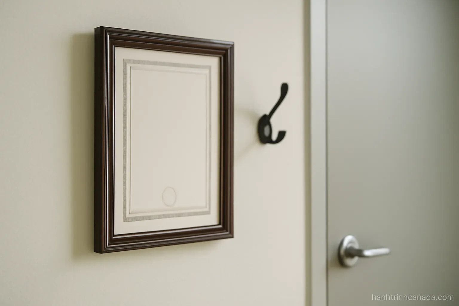 a framed certificate hanging on a plain office wall beside a coat hook and a closed door