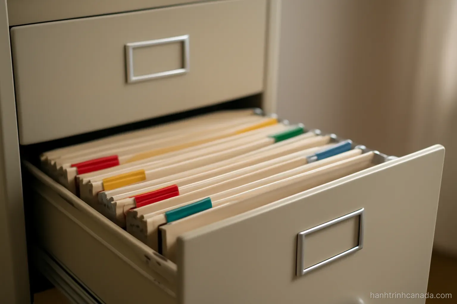 a filing cabinet with one drawer open showing dividers labeled by colored tabs, no readable words