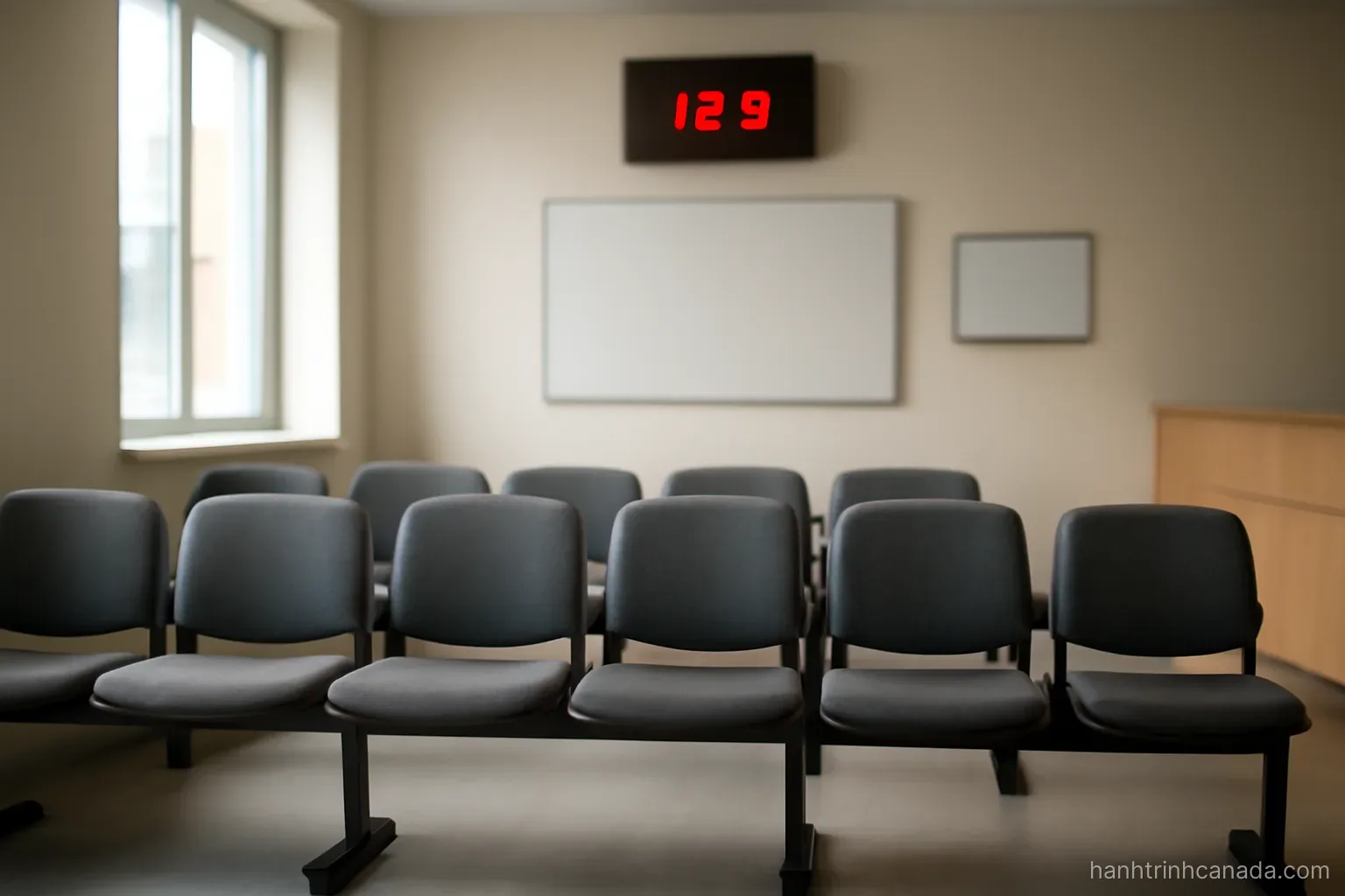 a consular waiting room with rows of empty chairs and a number display on the wall