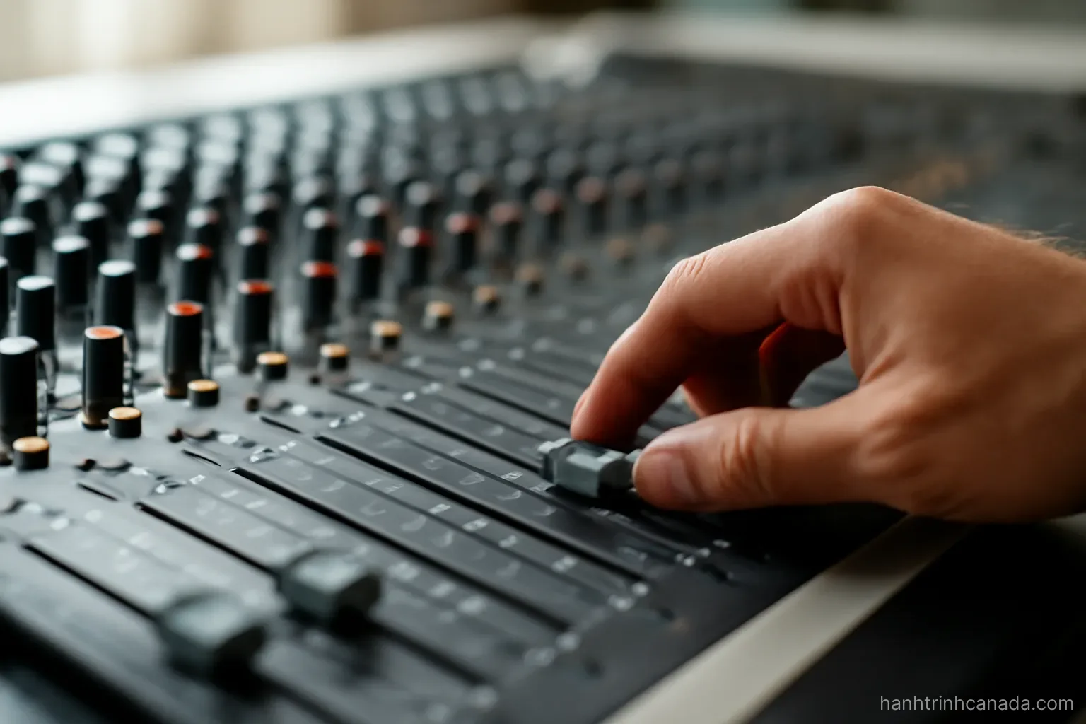 a hand adjusting one slider on a mixing board while the others stay at their top positions