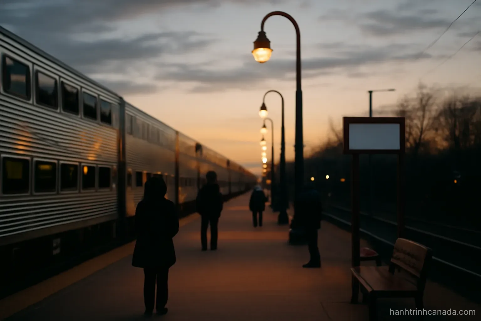 a commuter train platform at dusk with few people waiting under tall lamp posts