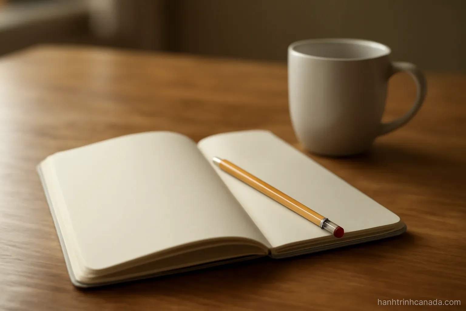 a study booklet lying open on a kitchen table with a pencil and a mug beside it