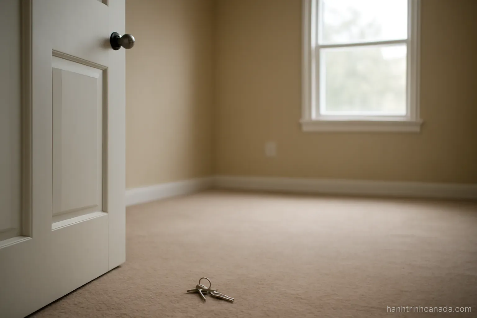 an empty bedroom with bare walls and a single window, keys lying on the floor by the door