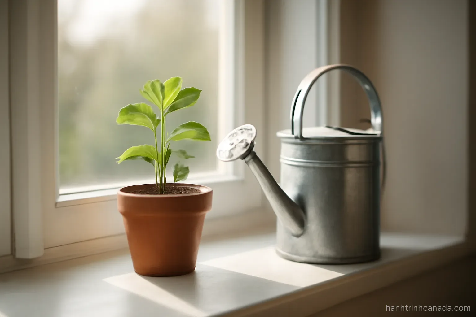 a small plant in a pot on a windowsill with a watering can placed beside it
