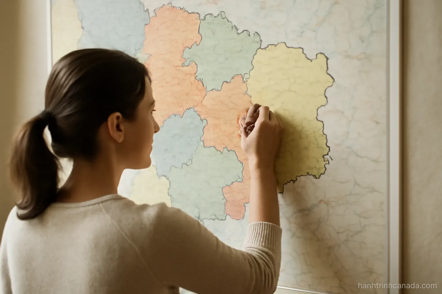 a large territorial map on a wall divided into colored regions, a person tracing one border