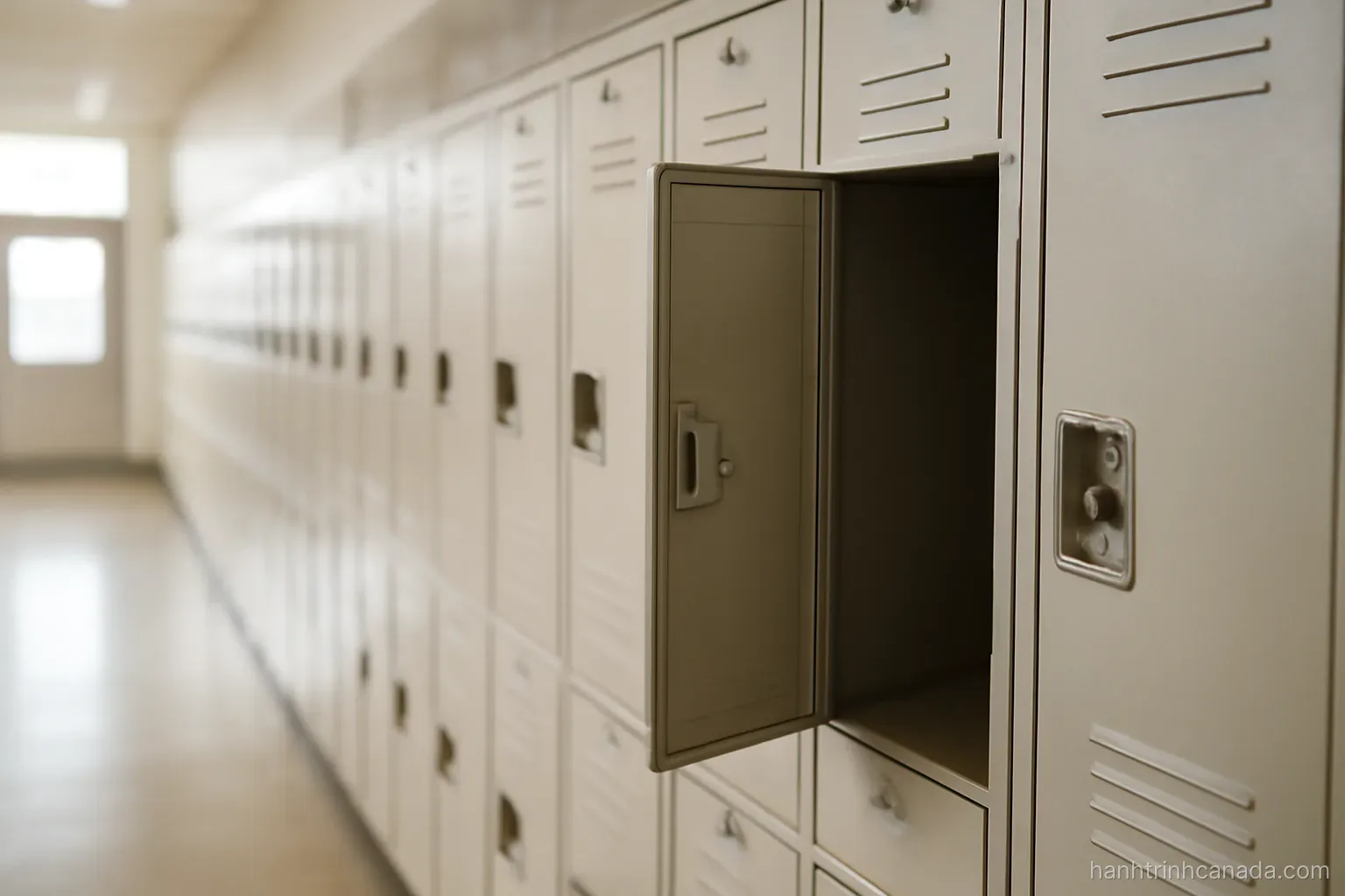 a row of numbered lockers in a bright hallway with one door standing open and empty