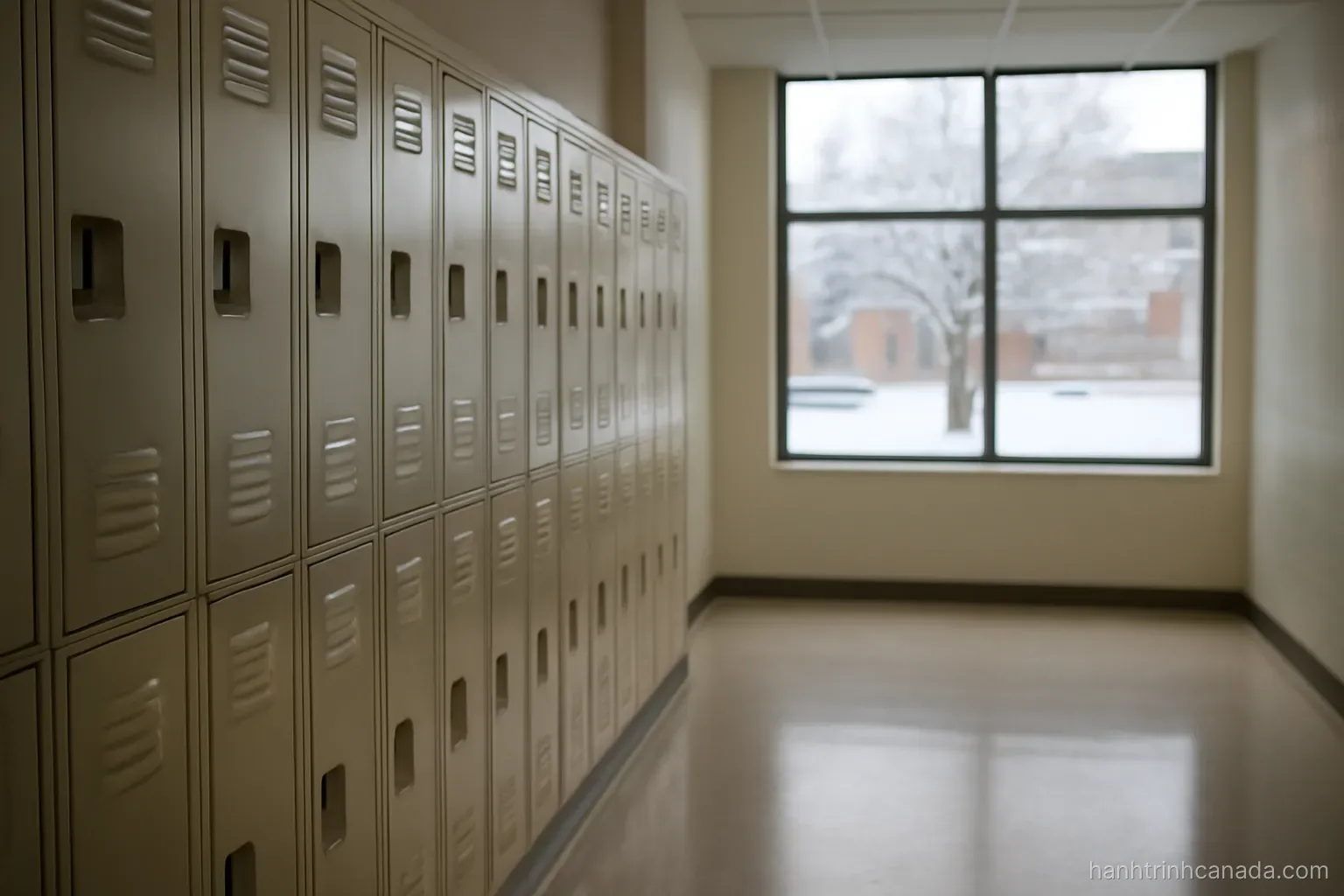 a college hallway with lockers and a wide window showing snow on the campus outside