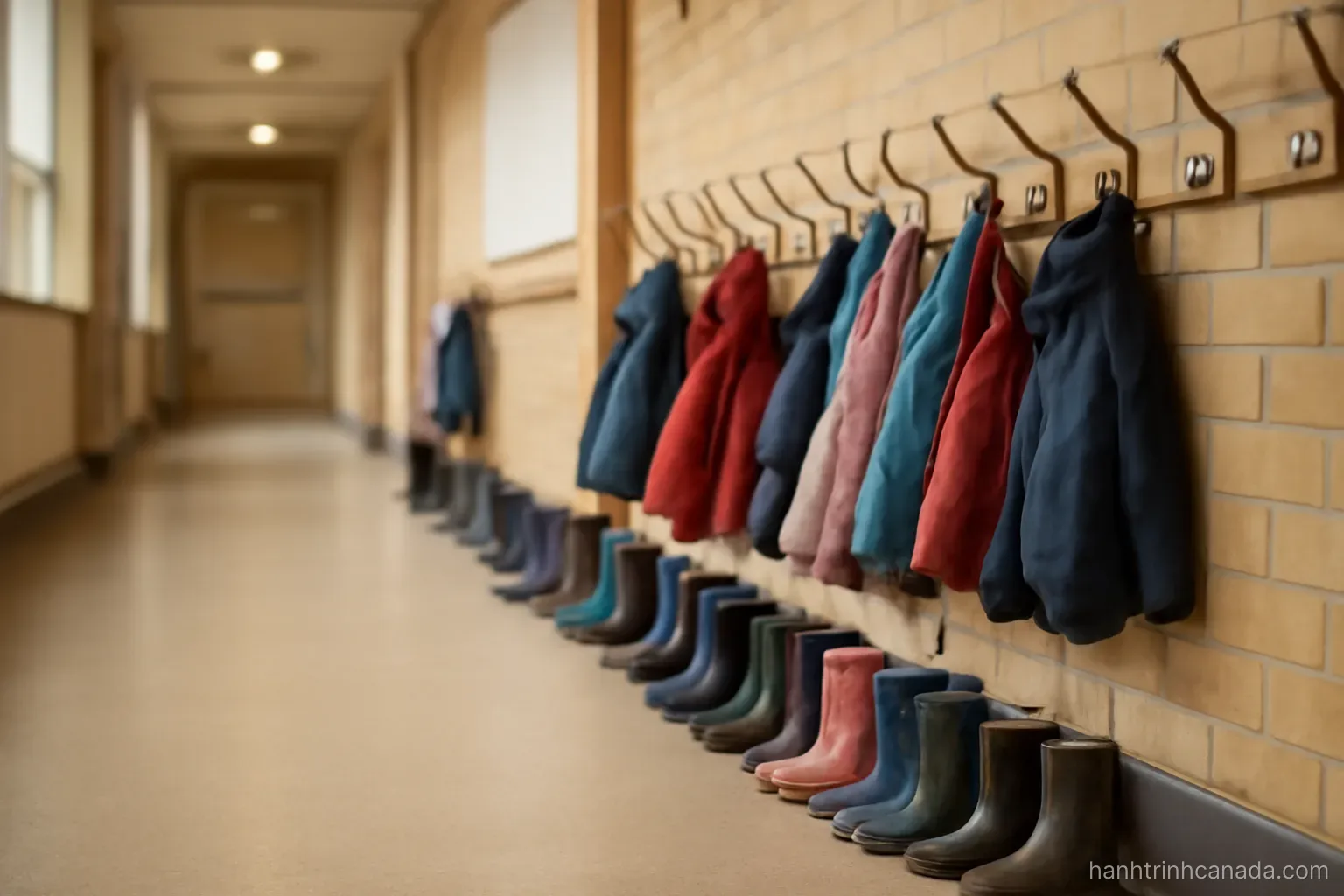 a school corridor with low coat hooks along the wall and small boots lined beneath them